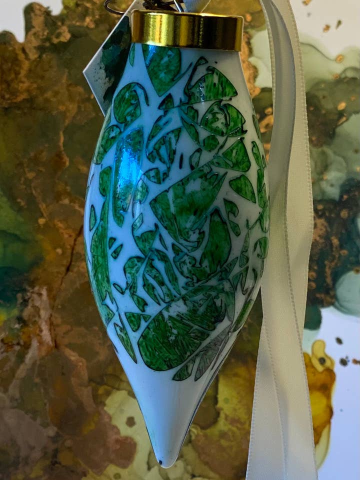 Hand Painted Teardrop Ornament - Broken Glass Dark Green for wholesale by Held.