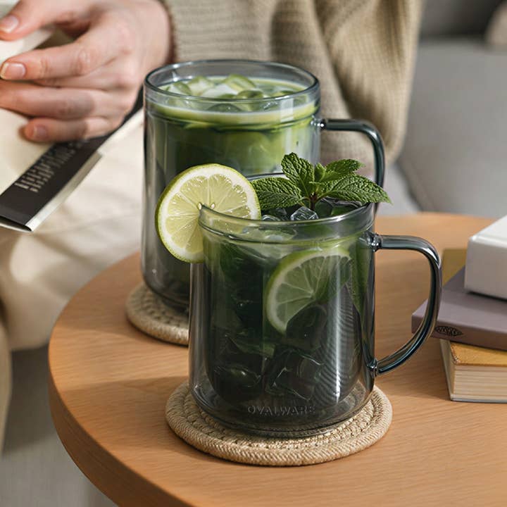 Dobbeltvægget glas krus - 500ml / 17oz (Sæt med 2) Stealth Grå for engroshandel hos Ovalware