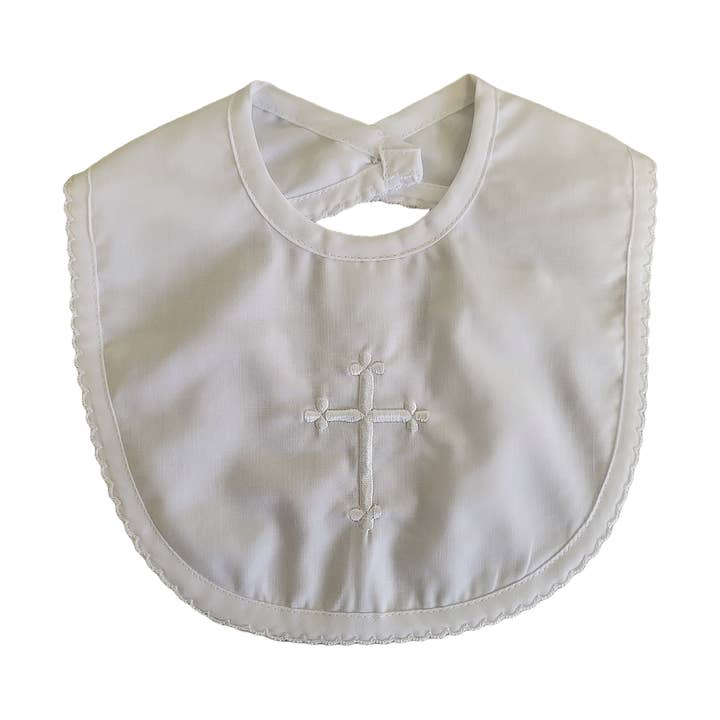 Embroidered Cross Christening Bib with Scallop Edge for wholesale by Petit Ami & Zubels