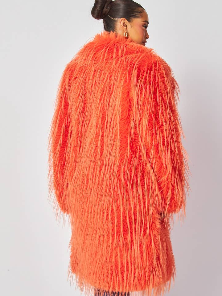 Orange Luna Shaggy Faux Fur Lapel Collar Coat (HDJ30779) for wholesale on Faire