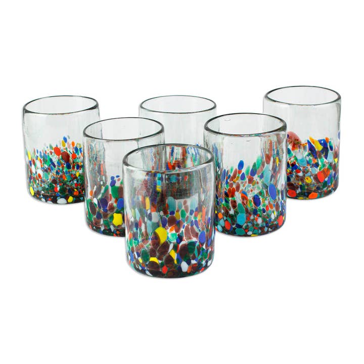 Multicolor Novica Handmade Tonala Flowers Glass Juice Glasses(Set Of 6) for wholesale on Faire