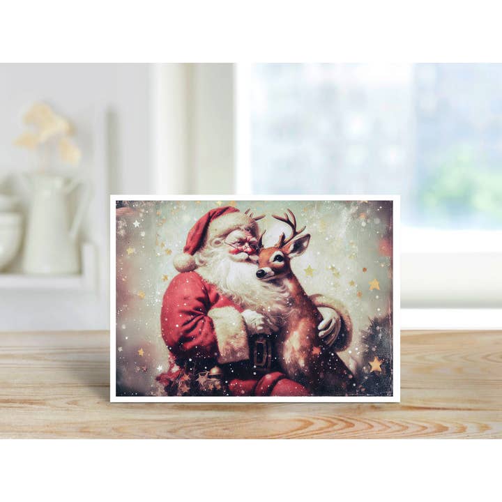 Salty Alyce - Wholesale Christmas Card - Vintage Santa and Reindeer Christmas Blank Card 181RD