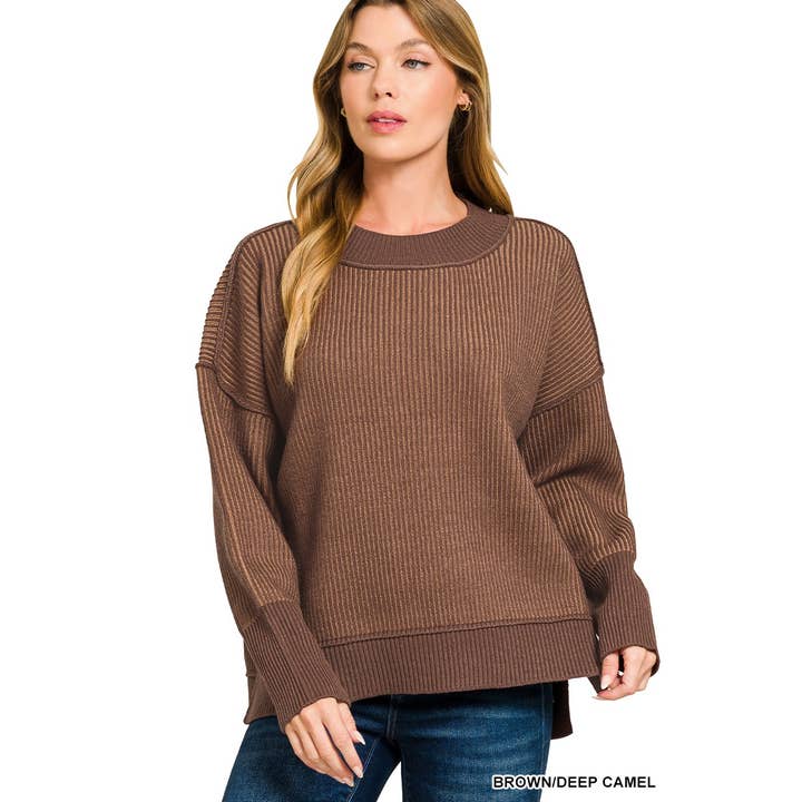 Style Up – wholesale Sweatshirt – Women's – EXPOSED SEAM TWO TONE SWEATER HI LOW SIDE SLITS6