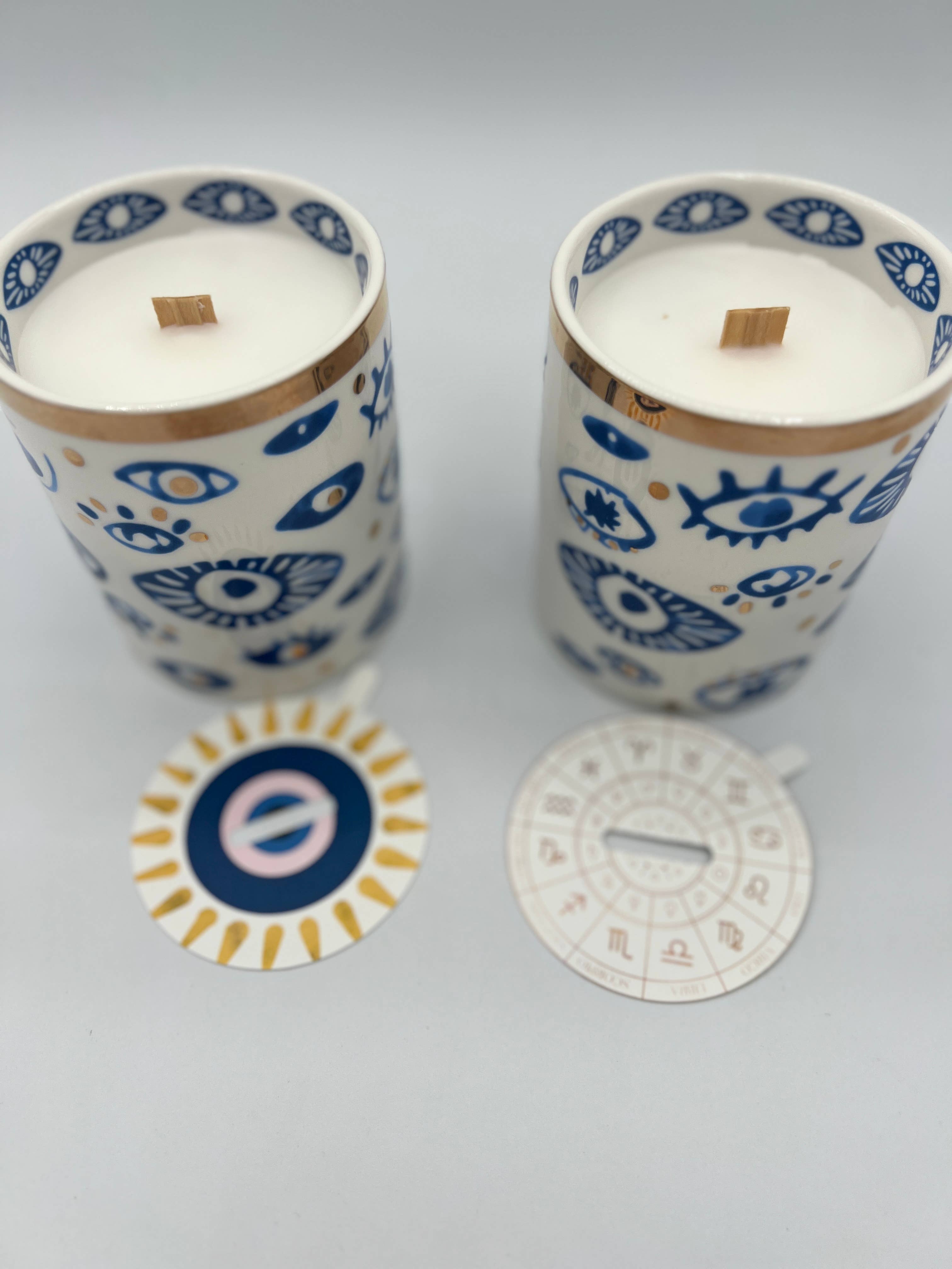 The Sacred Wild Candle Co - Wholesale Novelty Candle - NEW! Beautiful Gold, Blue & White Ceramic "Evil Eye" Candle 6