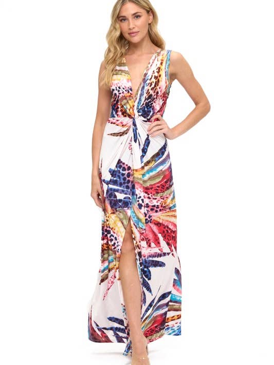 Kvinders tropiske print maxi kjole – Twist front V-hals for engroshandel hos Ariella USA