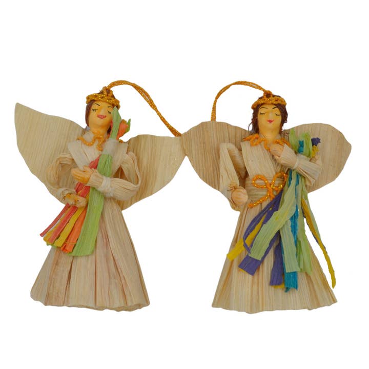 Didi Bahini Fair Trade - Wholesale Ornament Set - Pair of Corn Husk Angel with Flowers2