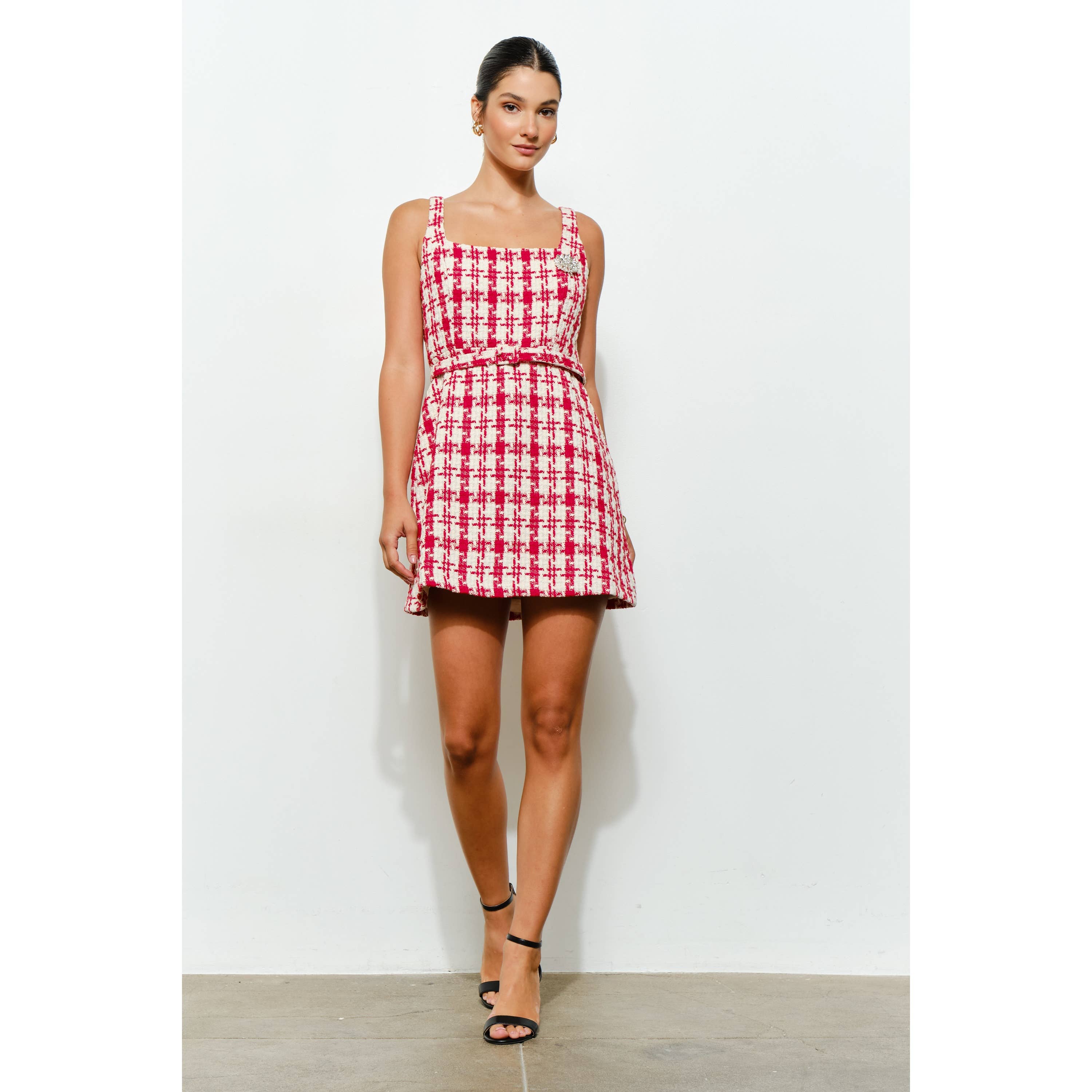 INA - Wholesale Dress - Women's - Check Tweed Brooch Detail Belted Mini Dress6
