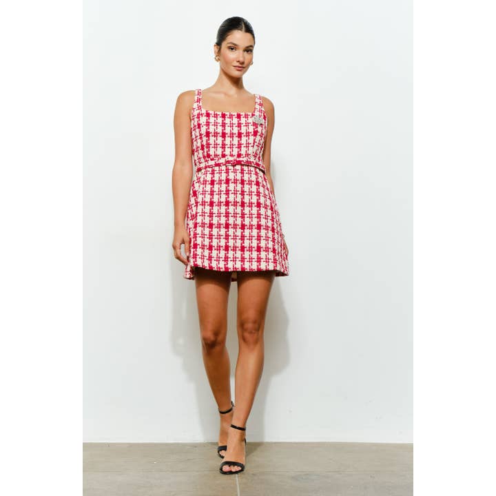 INA - Wholesale Dress - Women's - Check Tweed Brooch Detail Belted Mini Dress6