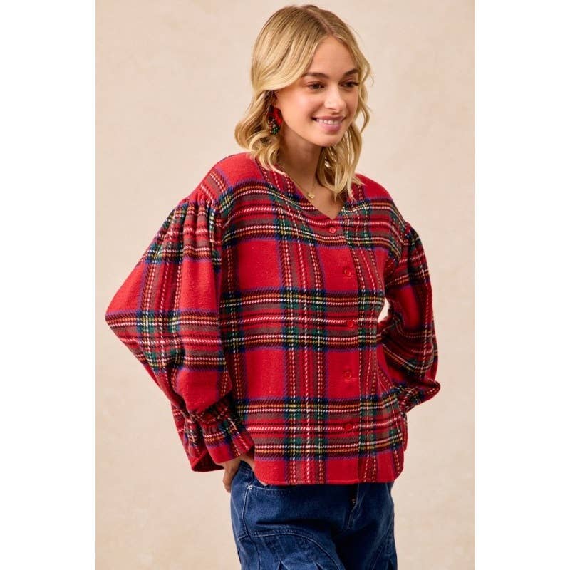 Christmas Plaid V-neck Elastic Ruffle Cardigan Top for wholesale on Faire2