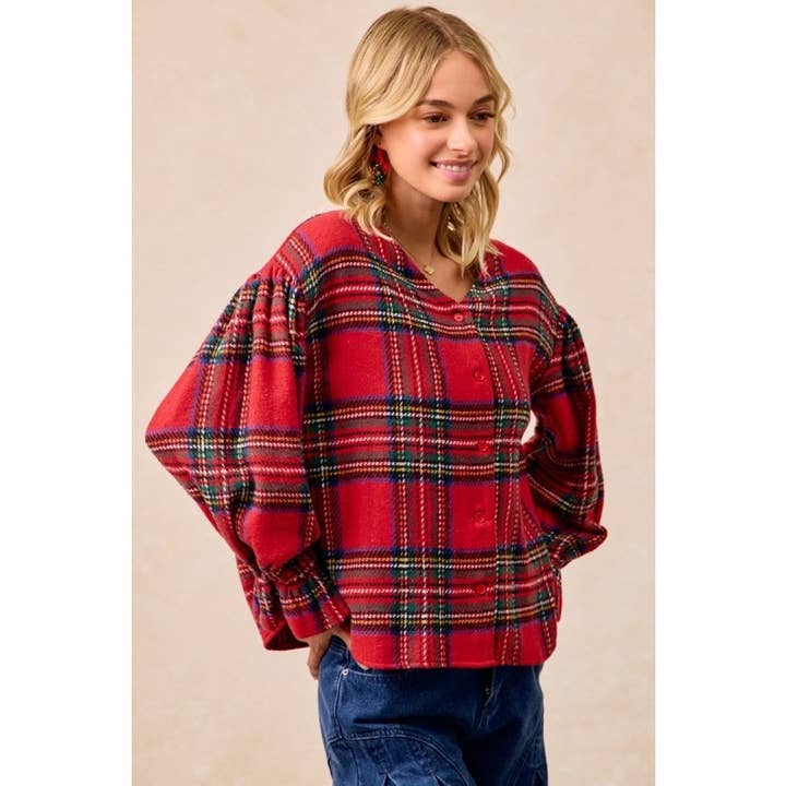 Christmas Plaid V-neck Elastic Ruffle Cardigan Top for wholesale on Faire2