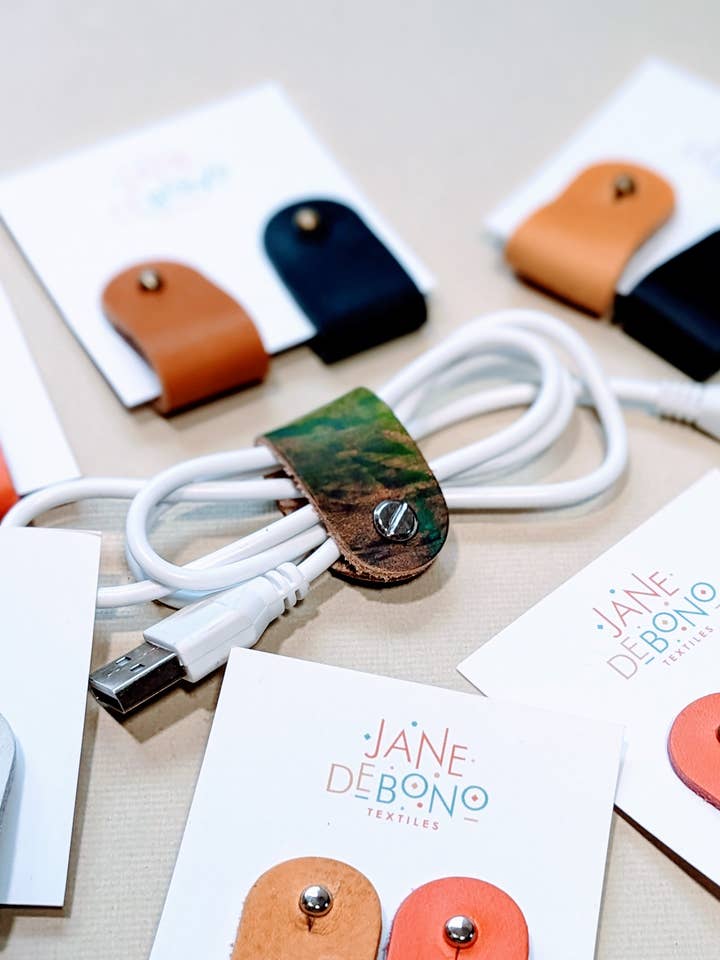 Leather Cable Tidies for wholesale by Jane De Bono Textiles England