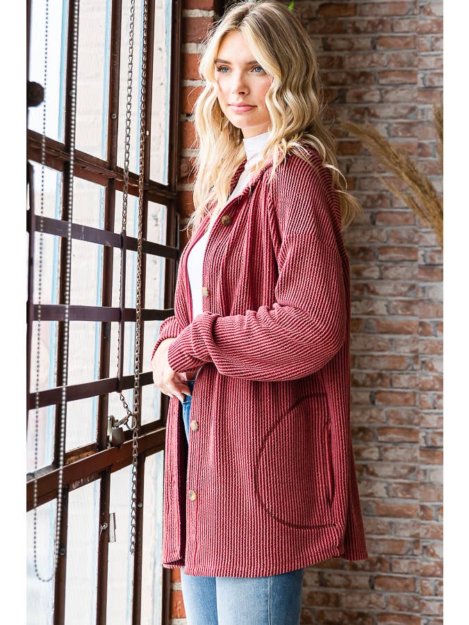 7th Ray - Wholesale Shirt Jacket/Shacket - Women's - Solid Rib Button Down Side Pockets Long Sleeve Shacket T5256
