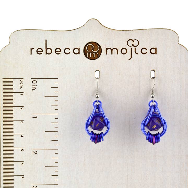 Rebeca Mojica Jewelry – wholesale Dangle earrings – d20 Purple Magic Earrings - Mini Dice in Chainmaille Cage1