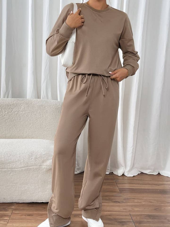 BROWN CWSTB1174_SOLID COLOR ROUND NECK CASUAL SWEATSHIRT SUIT for wholesale on Faire