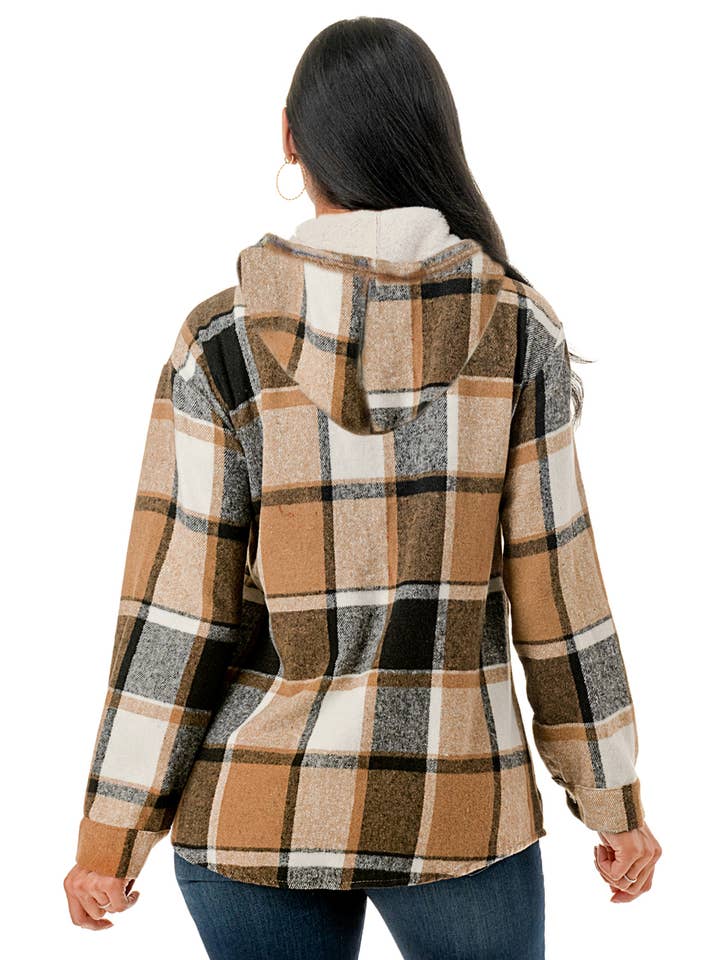Color 5 - Wholesale Sweatshirt - Women's - Fur lined brown white plaid flannel shirt jacket w/hoodie