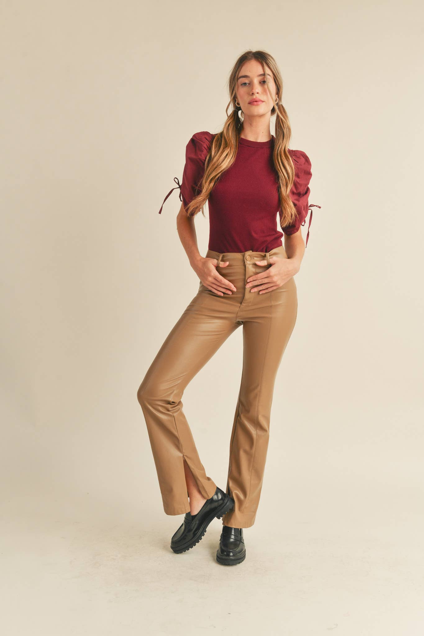 &MERCI - Wholesale Knit Top - Women's - RUCHED SLEEVE MIXED MEDIA TOP MSW246423