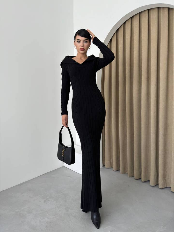 Design company-Fatma Balkir - Wholesale Dress - Women's - Wide Collar Cable Knit Long Slim Dress – Fitted Tricot dress5