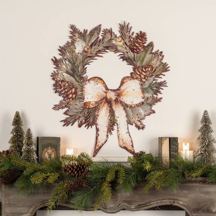 FOREST WREATH W/ BOW METAL WALL PLAQUE for wholesale by Ragon House