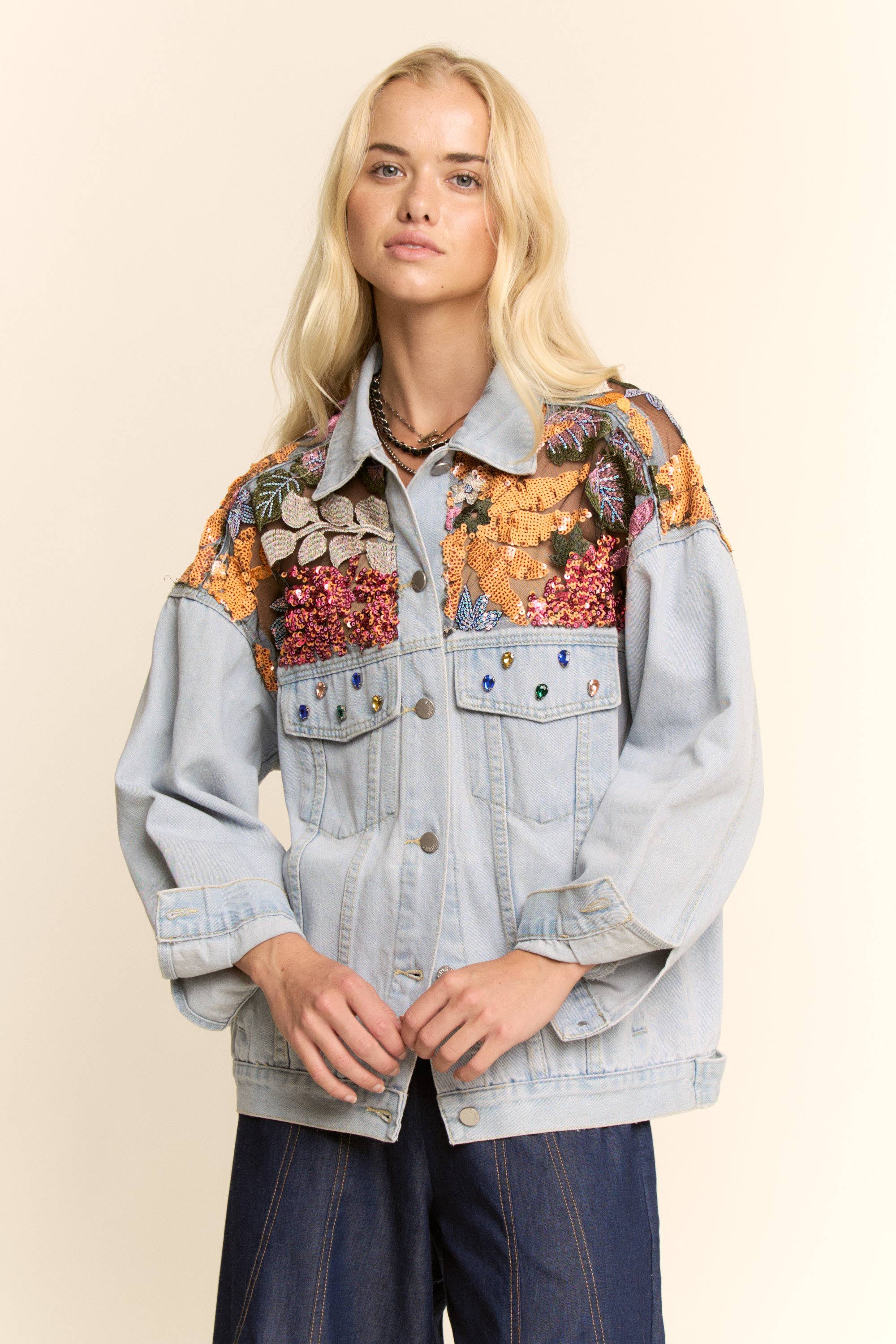 LIGHT WASH DENIM JACKET WITH VIBRANT EMBROIDERED for wholesale on Faire3