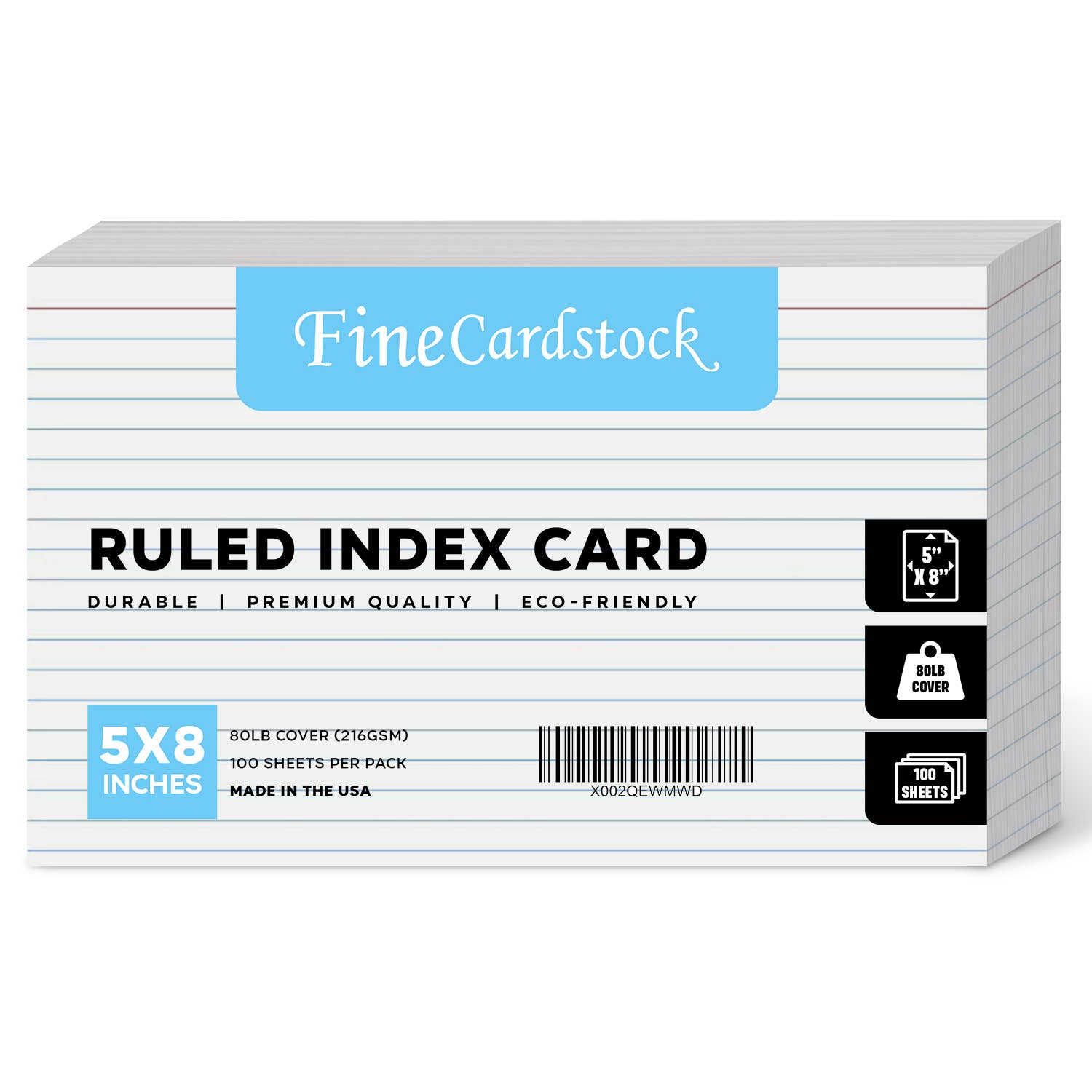 Fine Cardstock - Wholesale Stationery/Notecard Set - Ruled Index Cards - Heavyweight 80lb Cover - 100 per Pack5