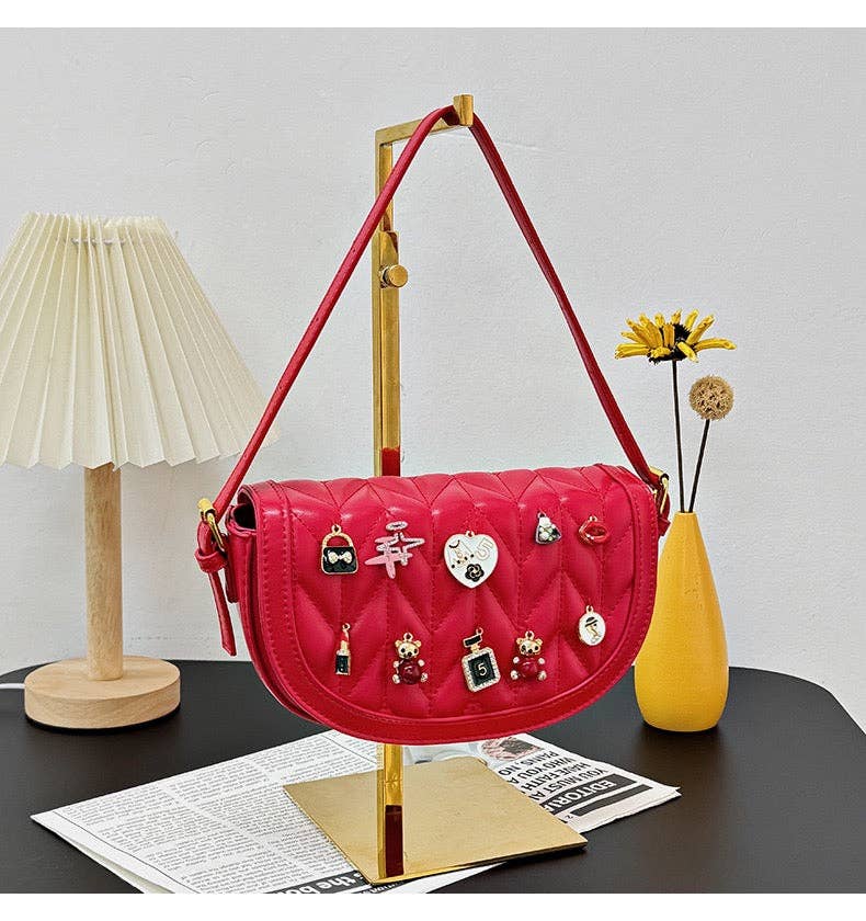 MB Fashion Wholesale - Wholesale Crossbody Bag - Women's - Every Fashion Charm Saddle Crossbody Bag – Quilted PU Leather with Cute Charms 27717