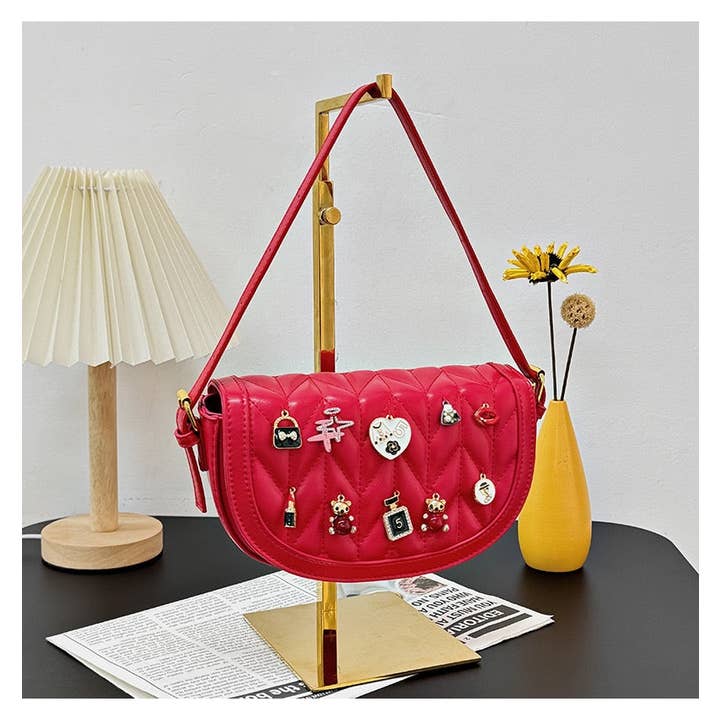 MB Fashion Wholesale - Wholesale Crossbody Bag - Women's - Every Fashion Charm Saddle Crossbody Bag – Quilted PU Leather with Cute Charms 27716