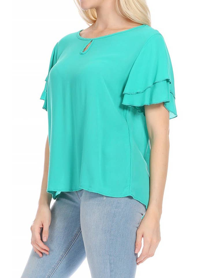 MOA COLLECTION - Wholesale Blouse - Women's - Casual Solid Flowy Short Flutter Sleeve Key Hole Blouse13