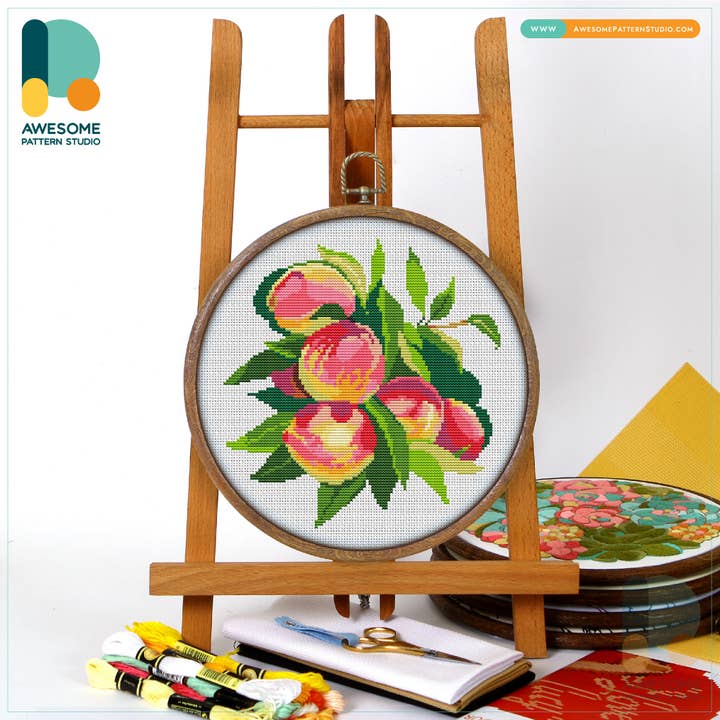 CS975 Peach and Leaves, Counted Cross Stitch Kit for wholesale by Awesome Pattern Studio
