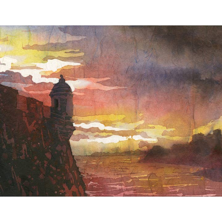Paysage au coucher du soleil du Castillo San Felipe del Morro, Vieux San Juan, Porto Rico, peinture batik aquarelle colorée, art fin pour la maison, article fait main, essentiels de voyage (impression) pour la vente par Ryan Fox Fine Art