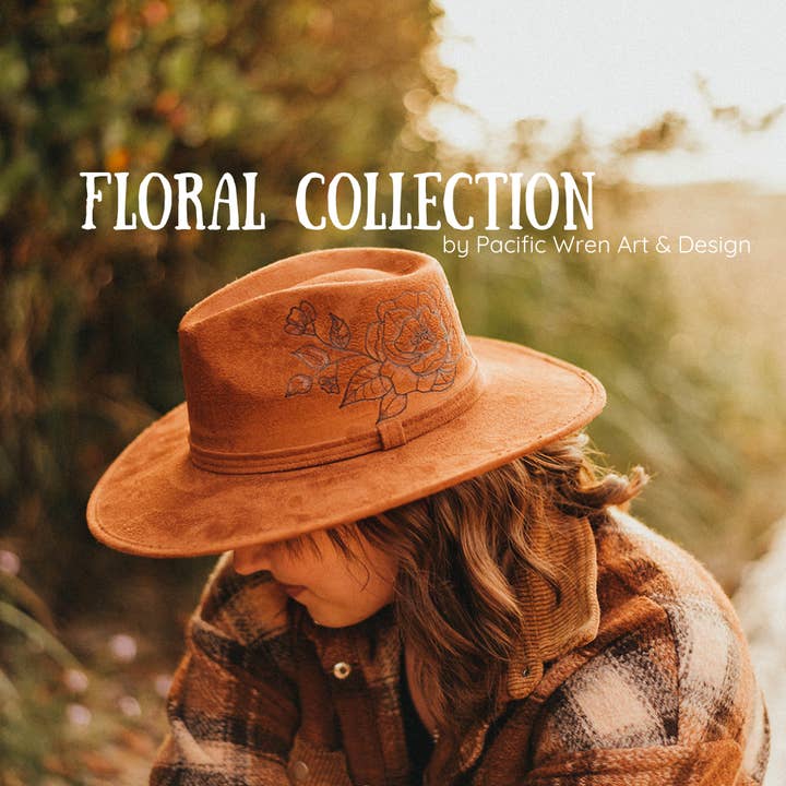 Wood-Burned Wide Brim Hat - Floral Collection for wholesale by Pacific Wren Art & Design