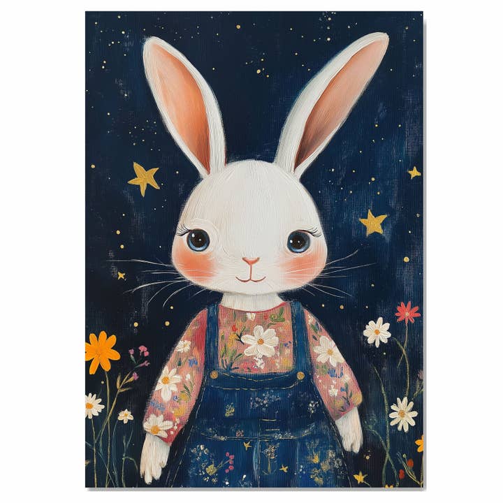 Adorable lapin en chemise fleurie et salopette sur toile roulée à plat pour la vente par Art Paradise Studios