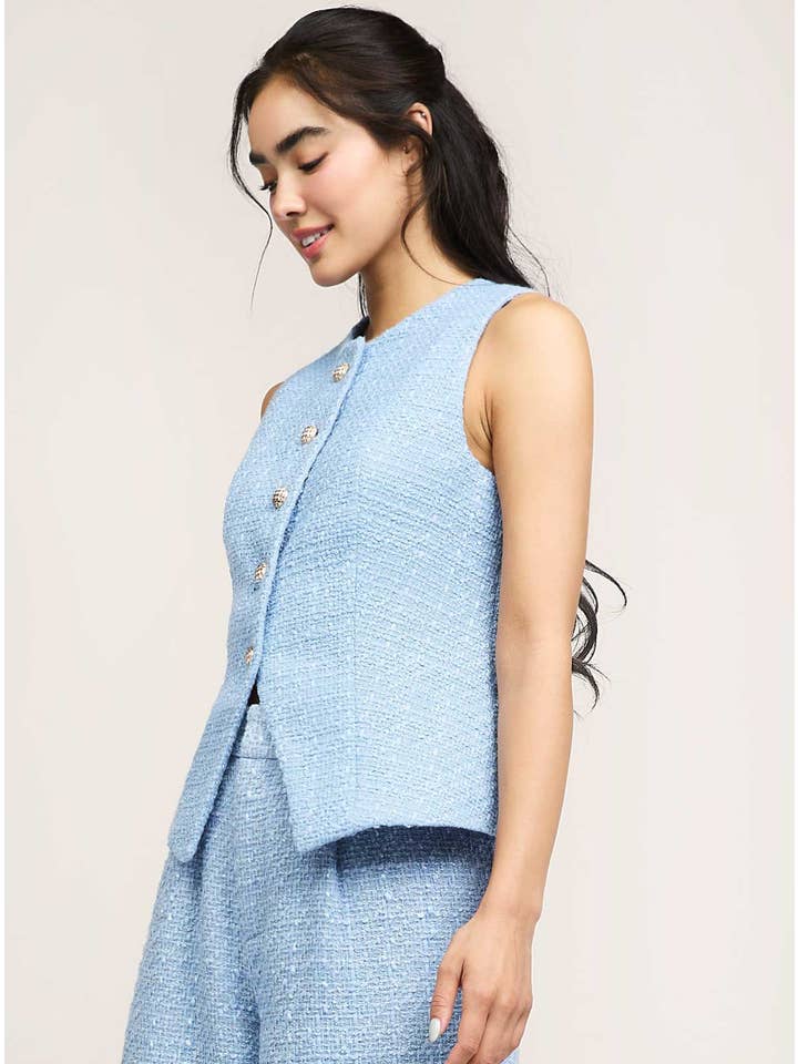 Aero Blue Gold Buttoned Tweed Vest for wholesale on Faire