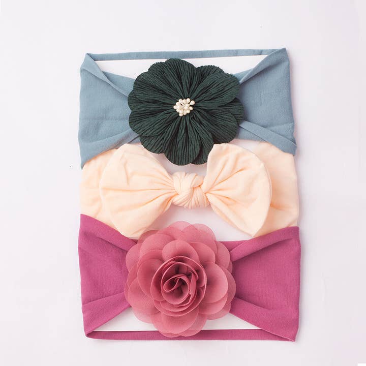 Little Chic Boutique – wholesale Hårrosett - Baby – 3 st Baby Bandana Set Rosett Blomma Hårband Grossist Babyaccessoarer V3824071000027