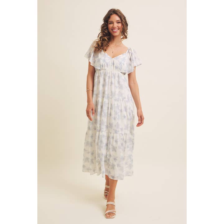 in february - Wholesale Dress - Women's - ROMANTIC FLORAL SHEER MIDI DRESS WITH FLUTTER SLEEVES