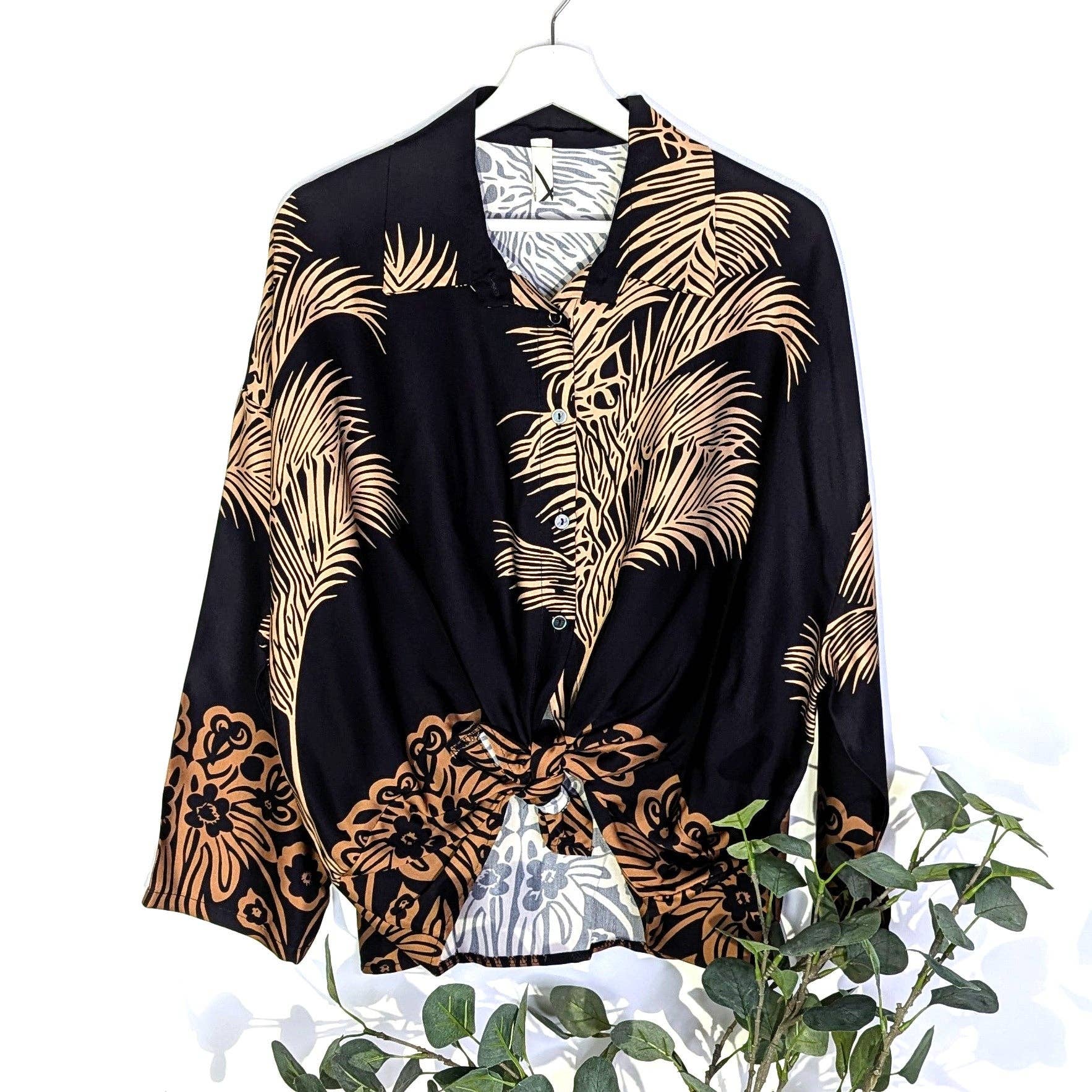 Tempest Designs - Wholesale Button Down Shirt - Women's - Viscose rayon mix palm print dressy satin shirt with border (M-L)1