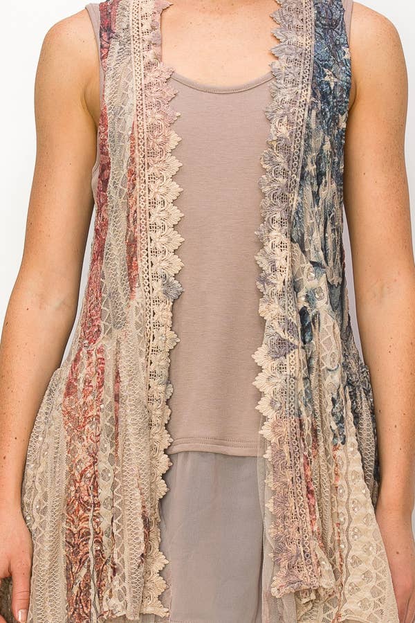 BOHEMIAN ALL LACE HI LOW VEST-U013 TAUPE/PAT ROSE for wholesale on Faire4