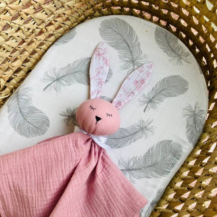 Muslin Baby comforter Bunny lovey - pink / white ears for wholesale by Pastel Baby