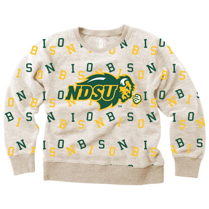 North Dakota State Bison Youth Girls Allover Team Fleece Crew for wholesale by Wes and Willy