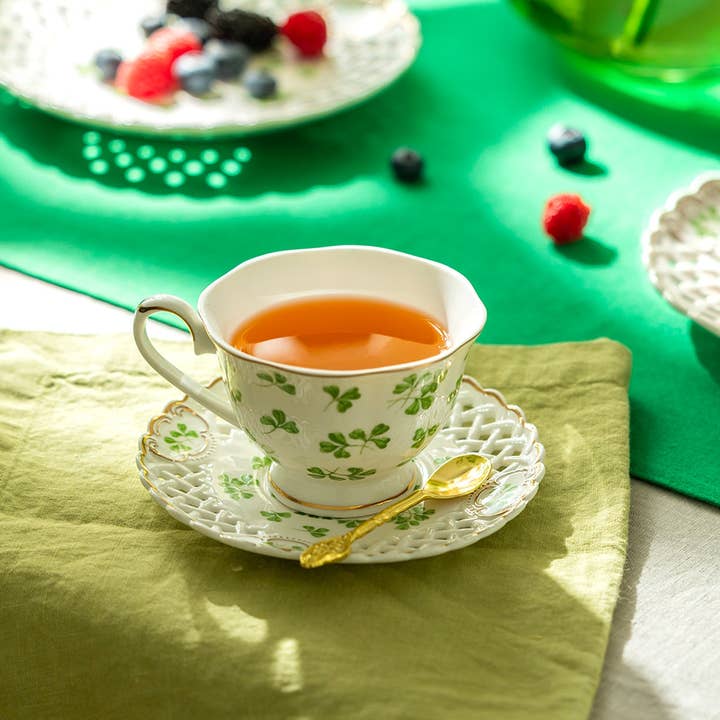 Shamrock Fine Porcelain 7oz Tea Cup and Pierced Saucer for wholesale by Grace Teaware