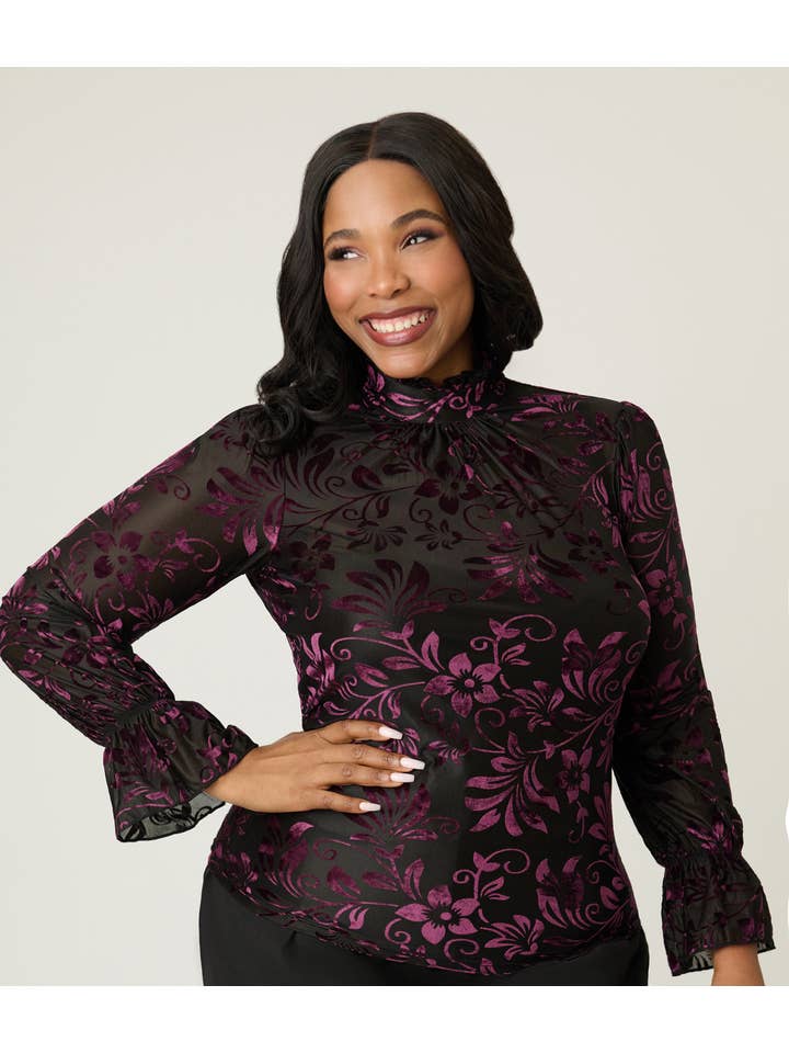 Unique Vintage - Wholesale Blouse - Women's - Unique Vintage Plus Size Black & Purple Floral Velvet Burnout Donna Blouse2