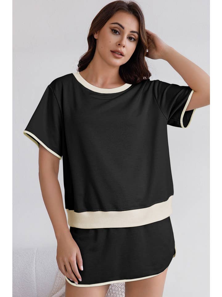 LA Society - Wholesale Top & Skirt Set - Women's - Colorblock Edge Drop Shoulder T Shirt and Skirt Set