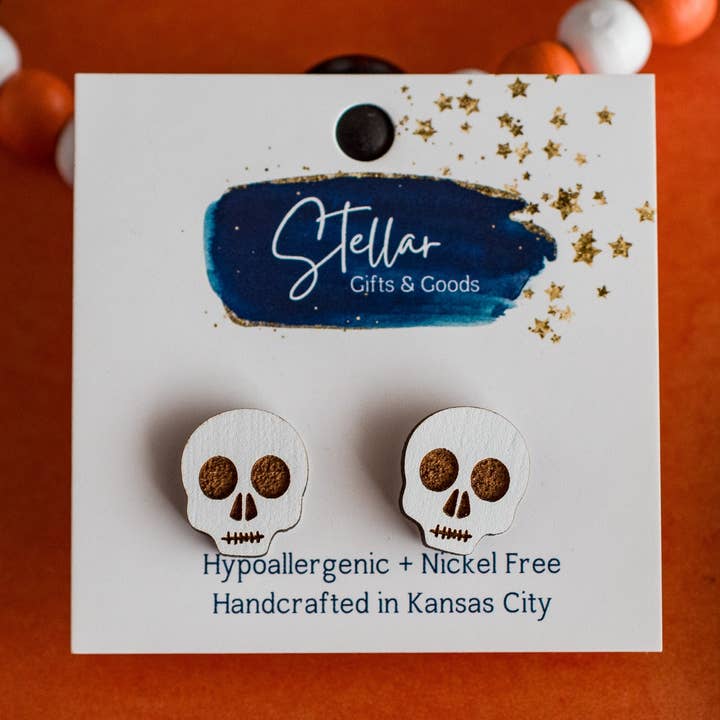 Halloween - Skull Studs - White Wood Day of Dead Earrings for wholesale by Stellar Gifts & Goods Wholesale