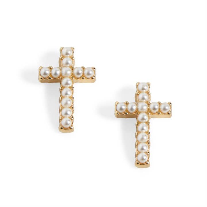 Small Cross w/ Pearls Stud Earrings - Gold - Easter for wholesale by Whispers