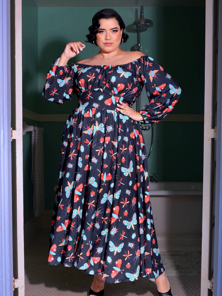 Swann 70s Maxi Dress in Insect Print Crepe | Laura Byrnes & Hope Johnstun for wholesale by Pinup Couture