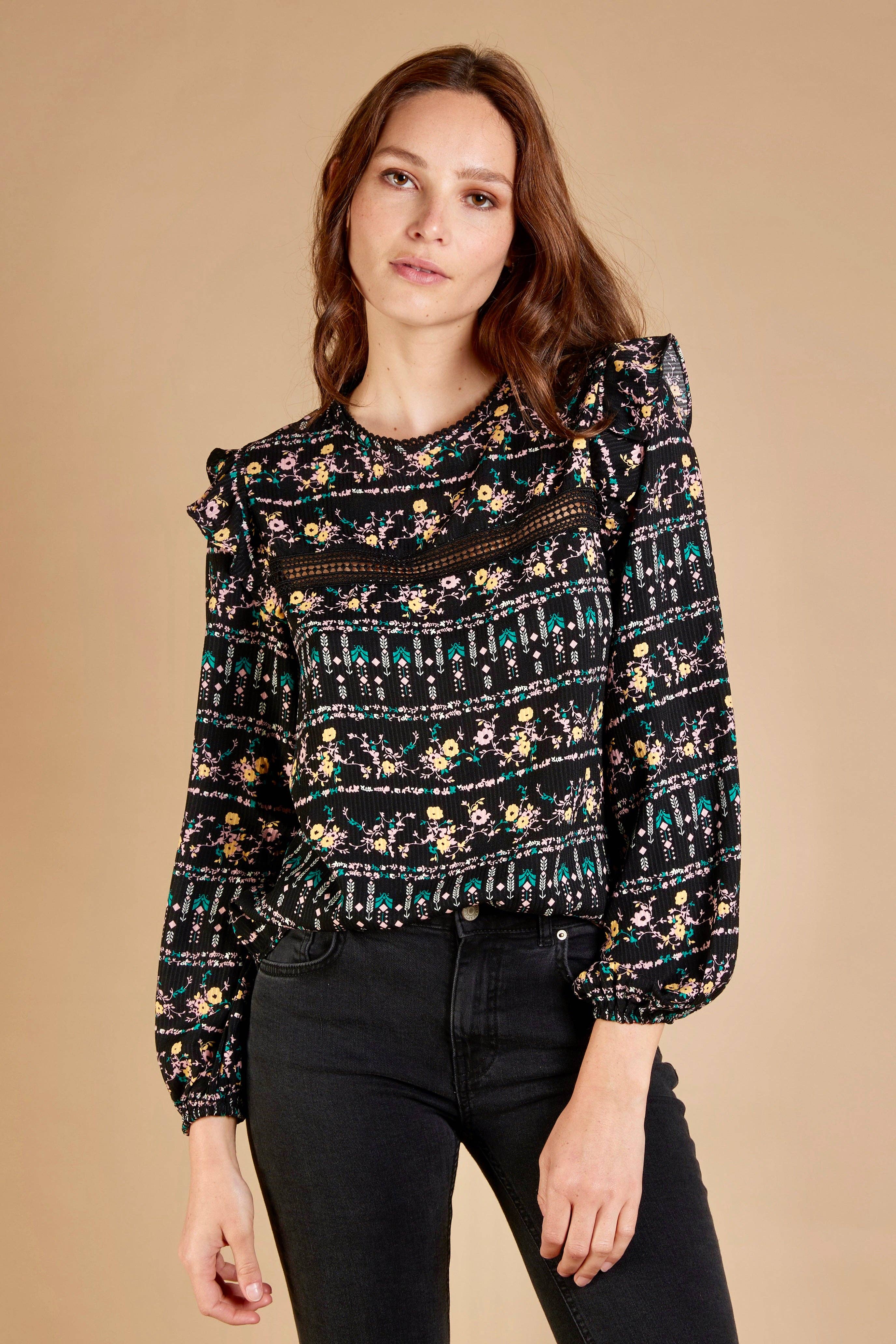 BLACK CELINA - Printed blouse with ruffles for wholesale on Faire0