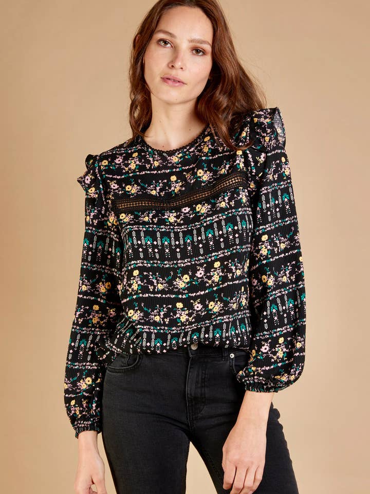 BLACK CELINA - Printed blouse with ruffles for wholesale on Faire