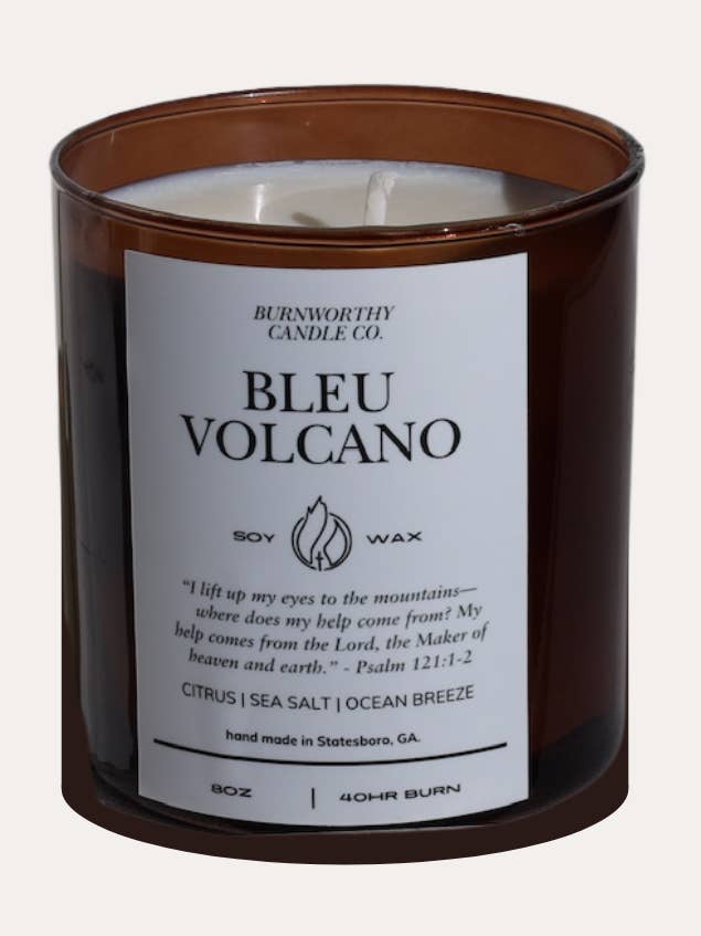 Bleu Volcano 8oz Soy Candle - Bible Verse Candle Gift for wholesale by Burnworthy Candle Co.