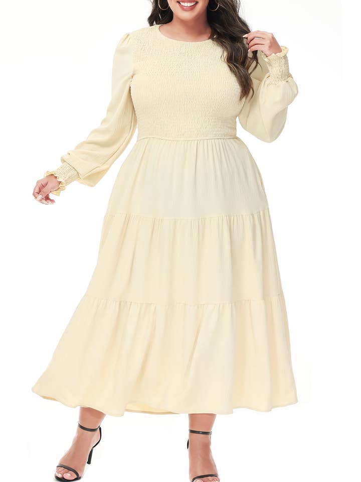 Women's Plus Size Casual Poet Long Sleeve Smocked Dress Midi for wholesale by Anna Kaci Wholesale