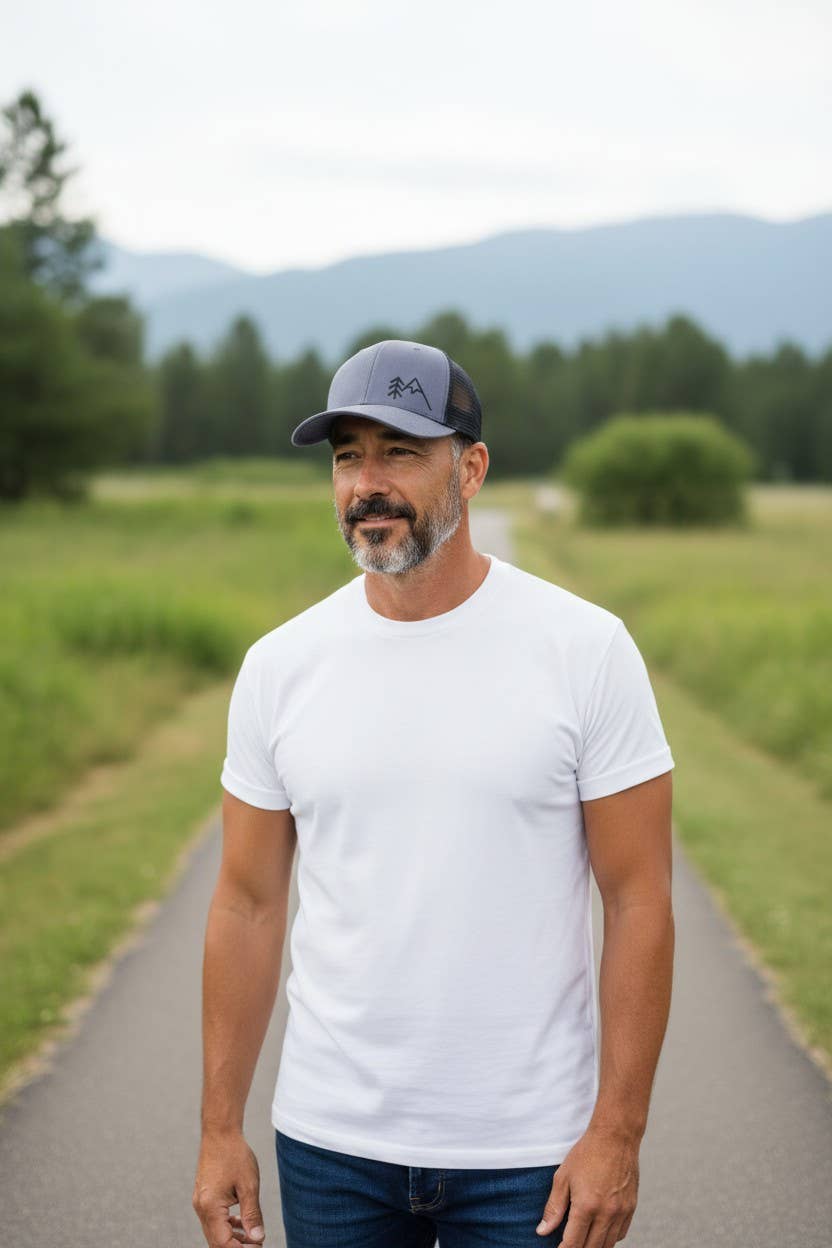 PNW Apparel - Wholesale Trucker Hat - Unisex - Mountains Trees Trucker Hat - Mesh Back Snapback Cap19