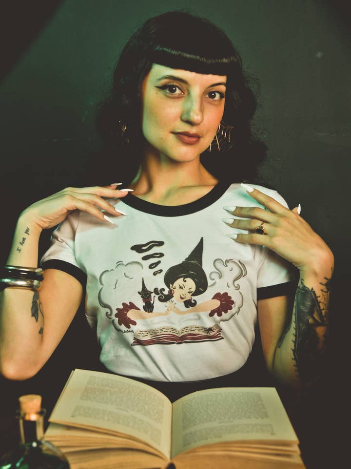 Witch Bible Fitted Ringer Tee in White/Black for wholesale by Mischief Made